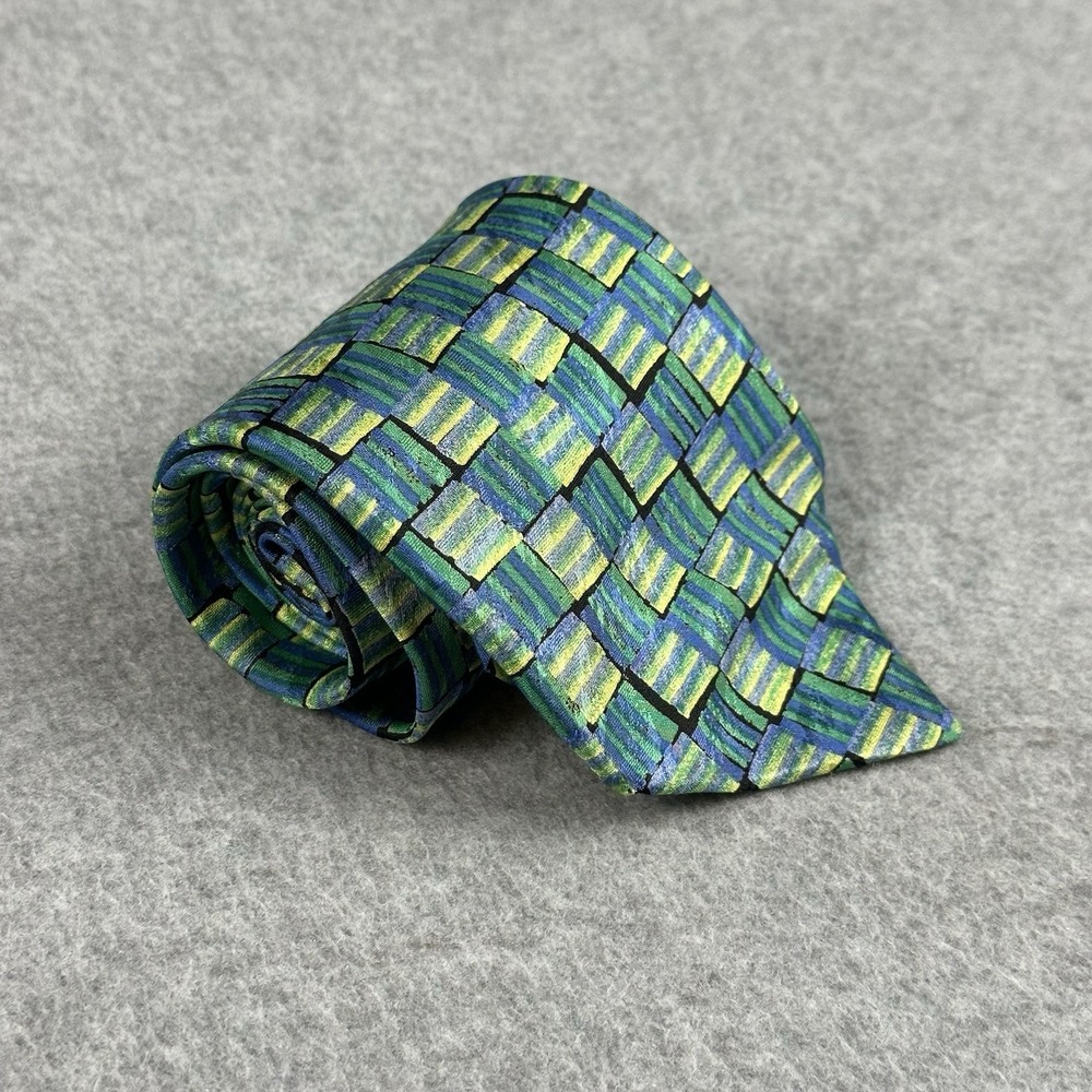 Vintage V2 By Versace Silk Tie Blue Green Geometric Mosaic 90s Italy 57x3.6"NOTE